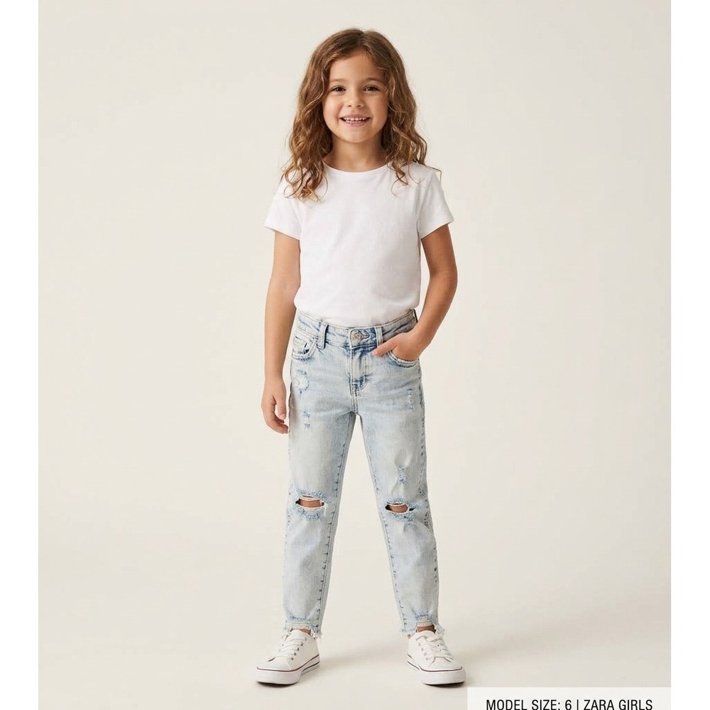 Zara Distressed Jeans Kids Size 7 Light Blue Excellent Ripped Frayed Hem